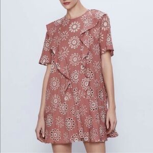 Zara Dusty Pink Eyelet Floral Embroidered Mini Dress with ruffles detailing